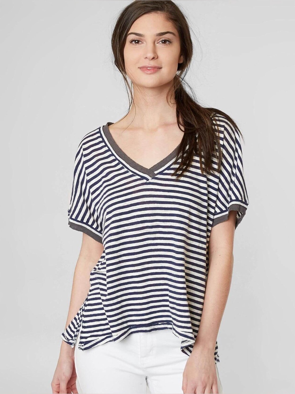 We The Free Navy and White Striped V-Neck Short Sleeve Top